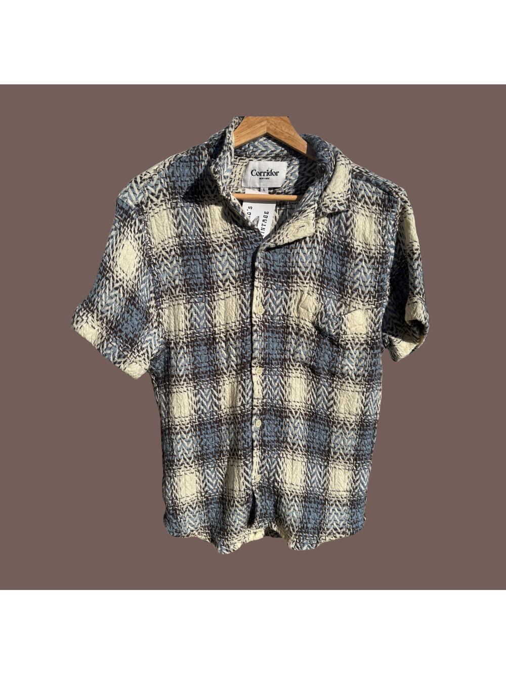 Corridor New York Camp Shirt | Blue Cream Knit Plaid | Size L